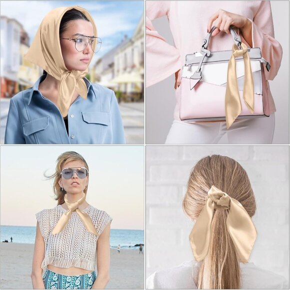 Women's Beige Silk Feeling Scarf 23.6'' Square Satin Scarf Neck Head Bandana - Picture 7 of 7
